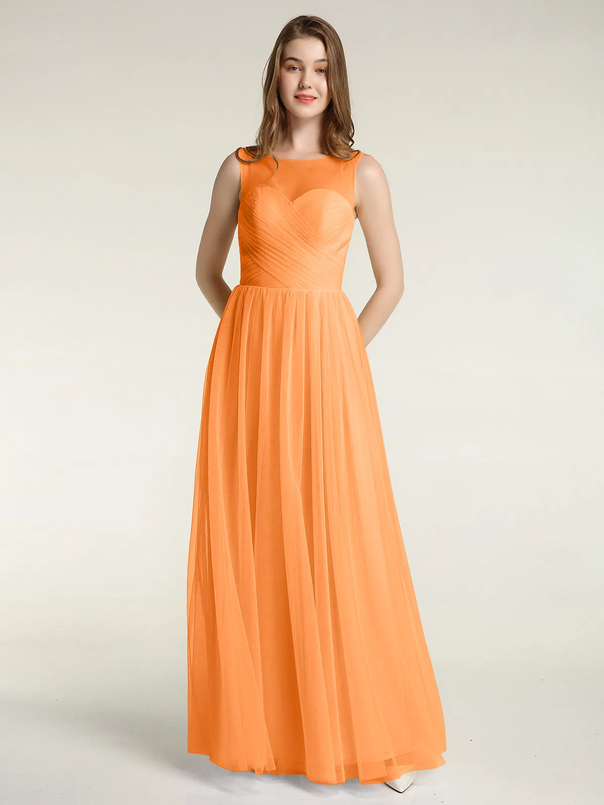 Illusion Neck Cross Tulle Bridesmaid Dresses-Orange Plus Size
