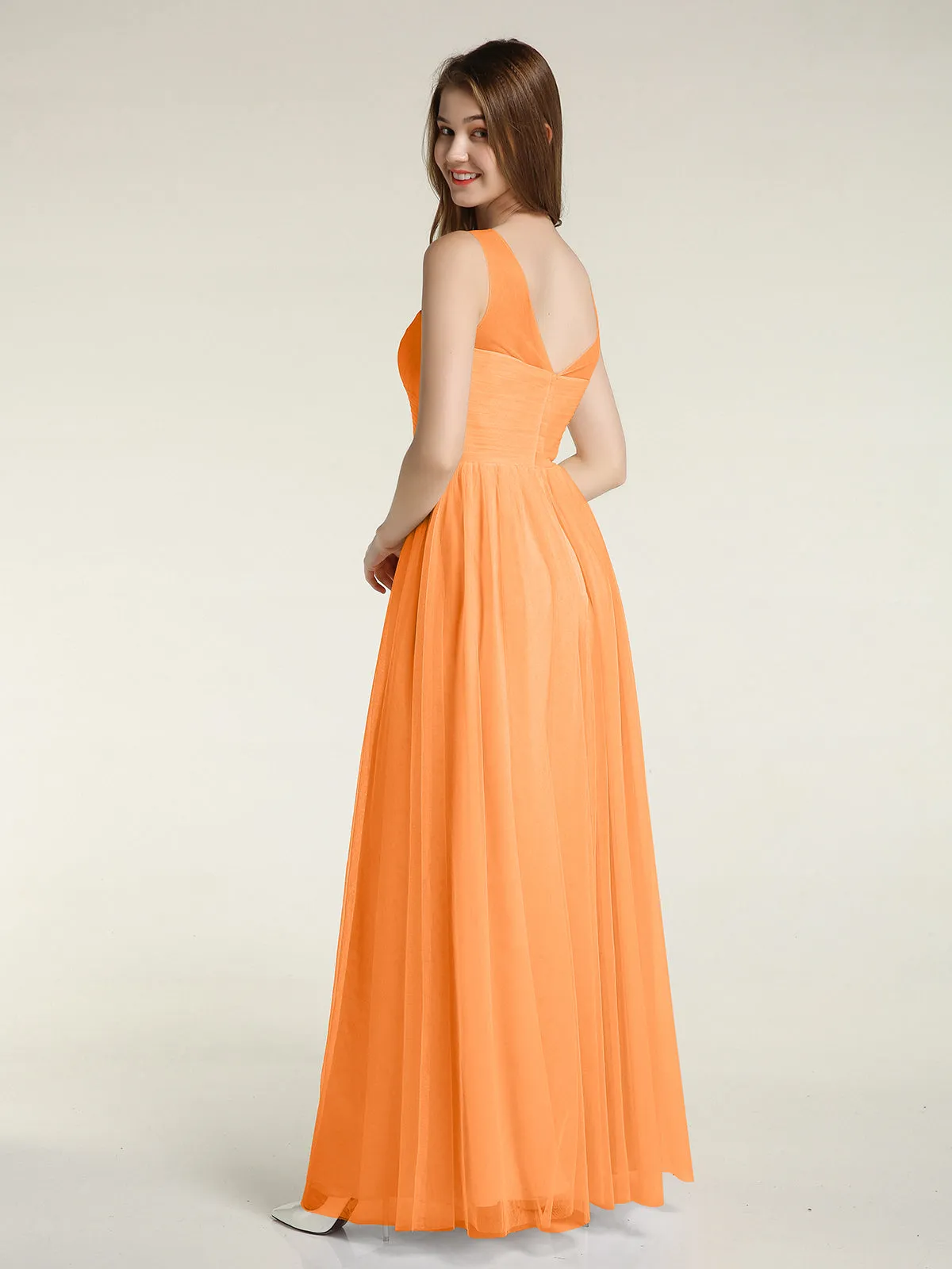 Illusion Neck Cross Tulle Bridesmaid Dresses-Orange Plus Size