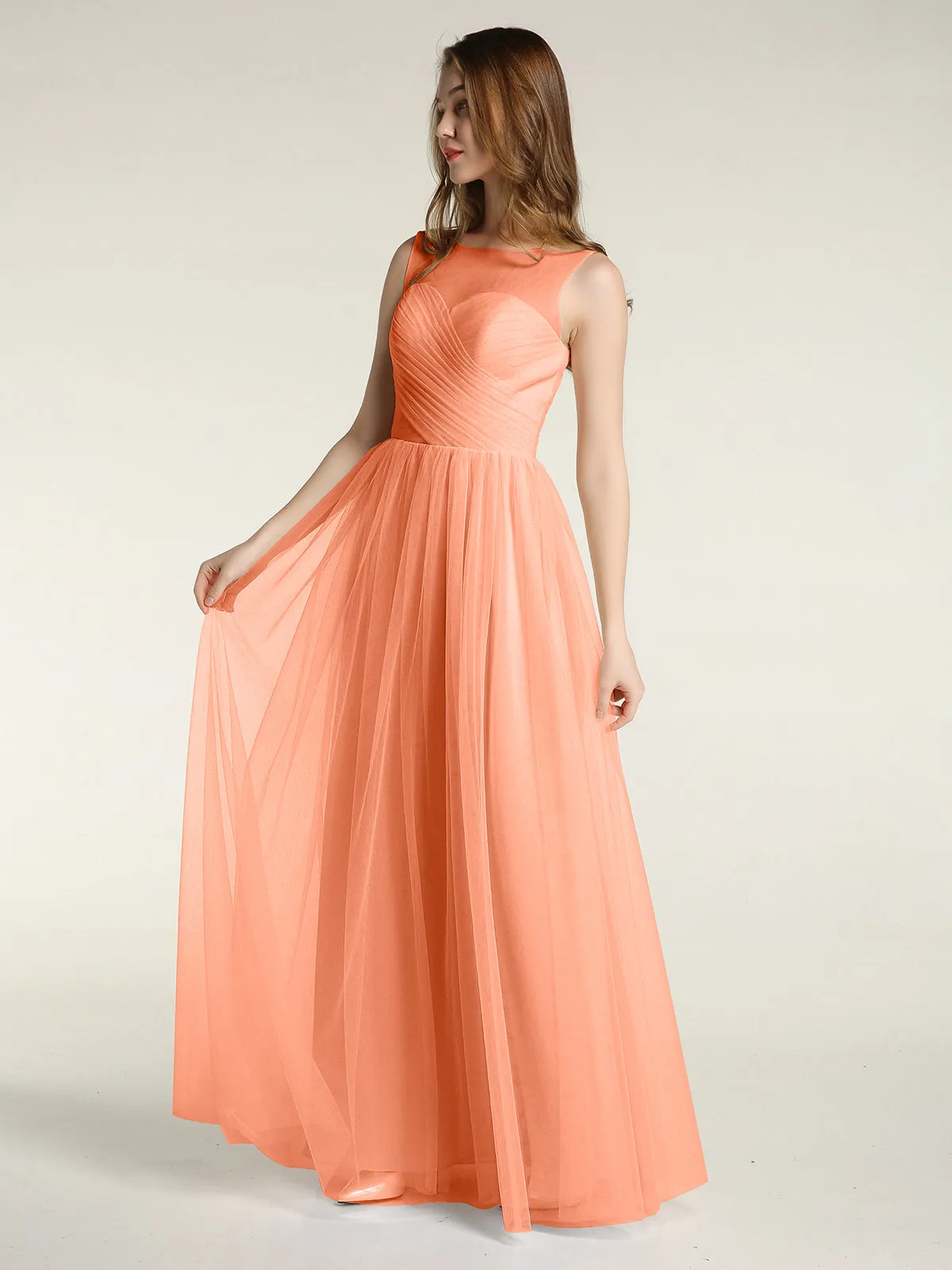 Illusion Neck Cross Tulle Bridesmaid Dresses-Papaya
