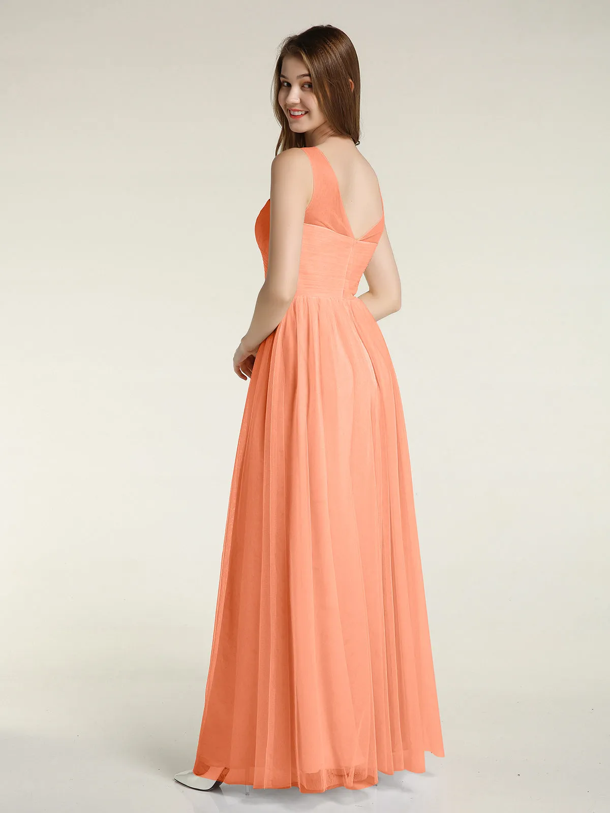 Illusion Neck Cross Tulle Bridesmaid Dresses-Papaya
