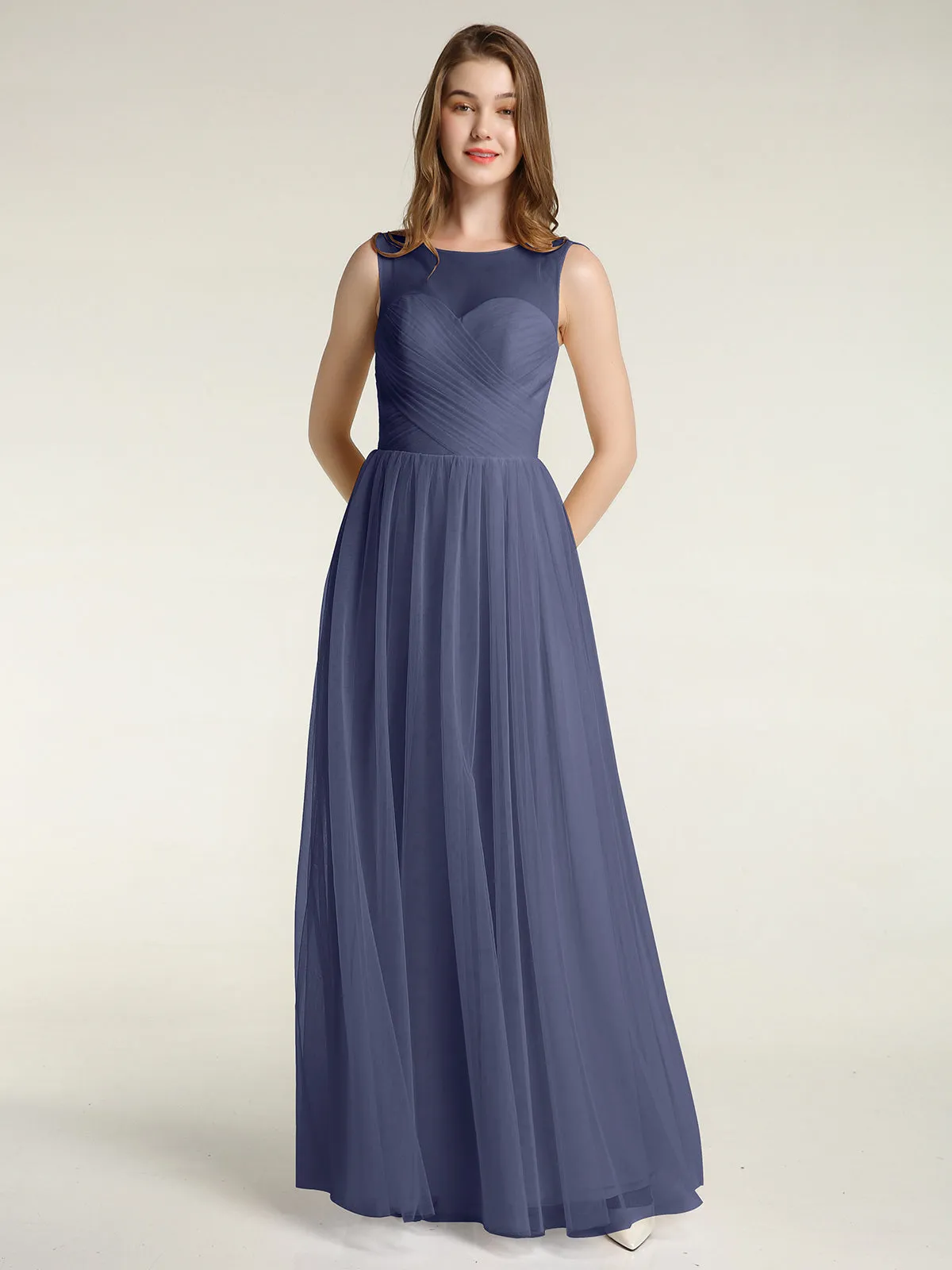Illusion Neck Cross Tulle Bridesmaid Dresses-Stormy Plus Size