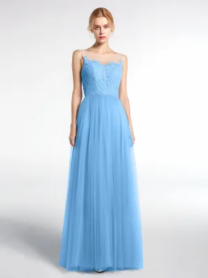 Illusion Neckline Lace and Tulle Maxi Dress-Blue