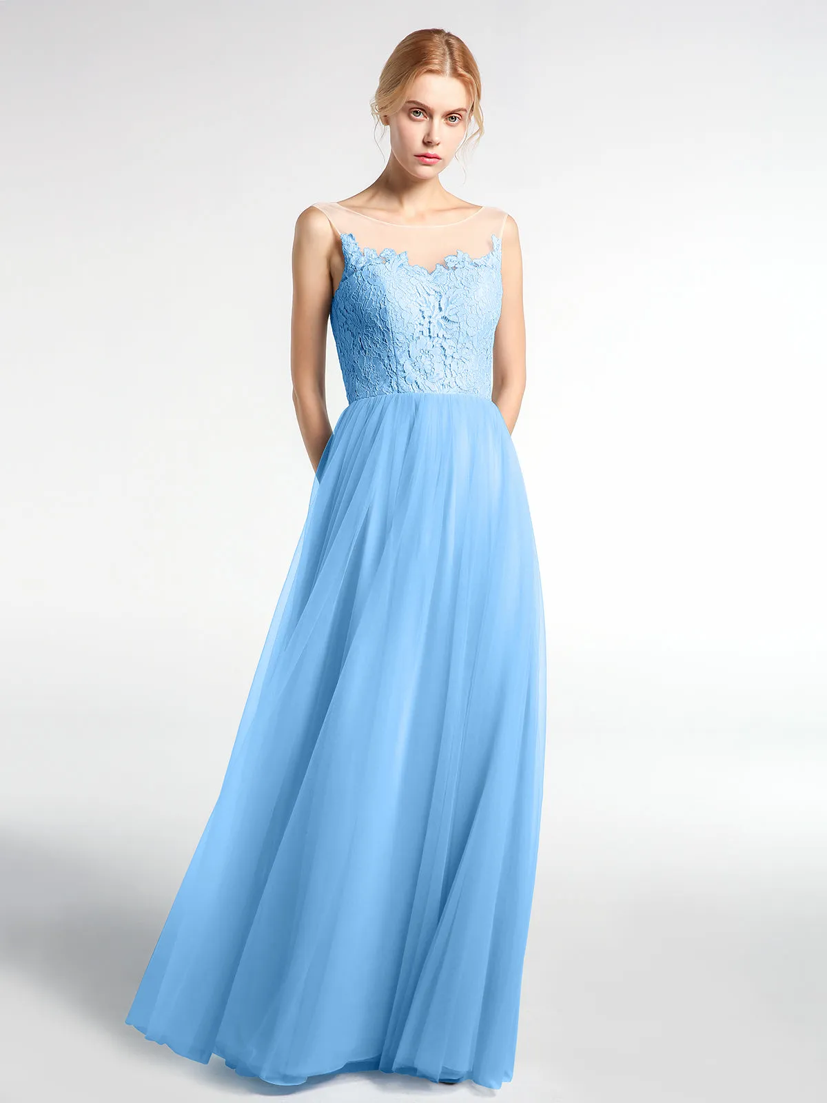 Illusion Neckline Lace and Tulle Maxi Dress-Blue