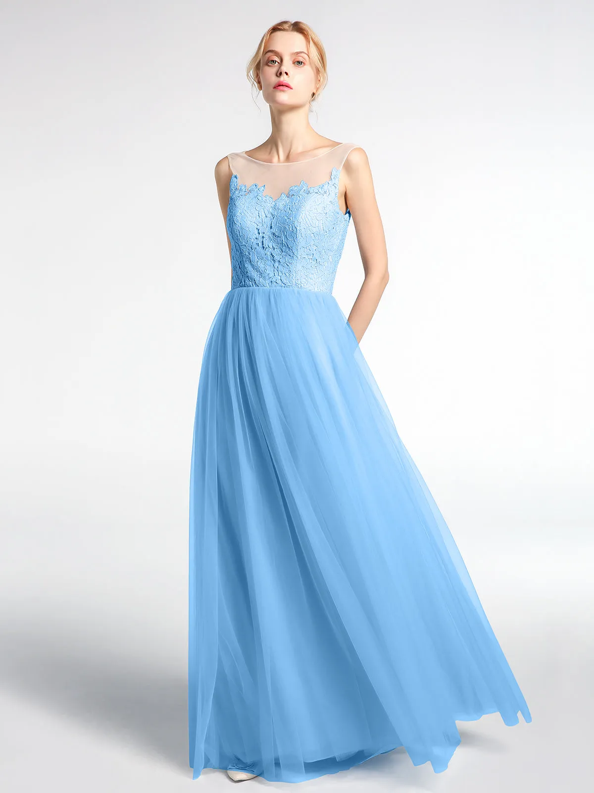 Illusion Neckline Lace and Tulle Maxi Dress-Blue