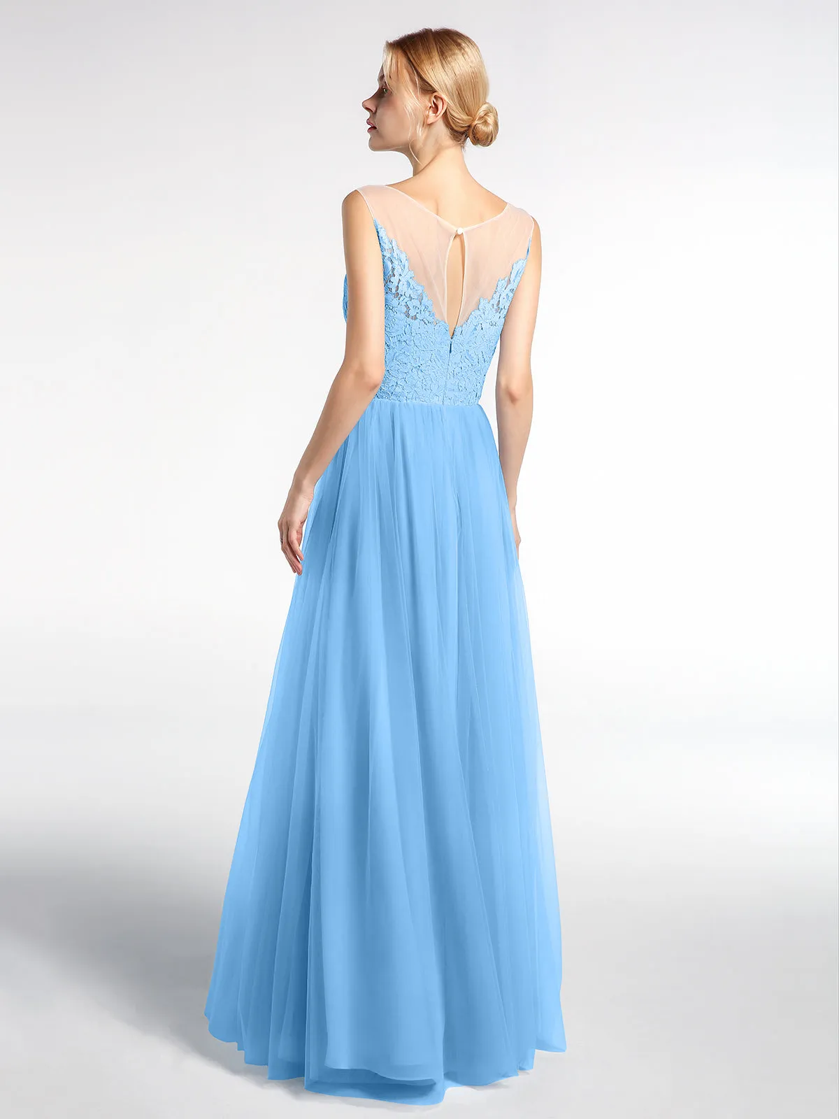 Illusion Neckline Lace and Tulle Maxi Dress-Blue