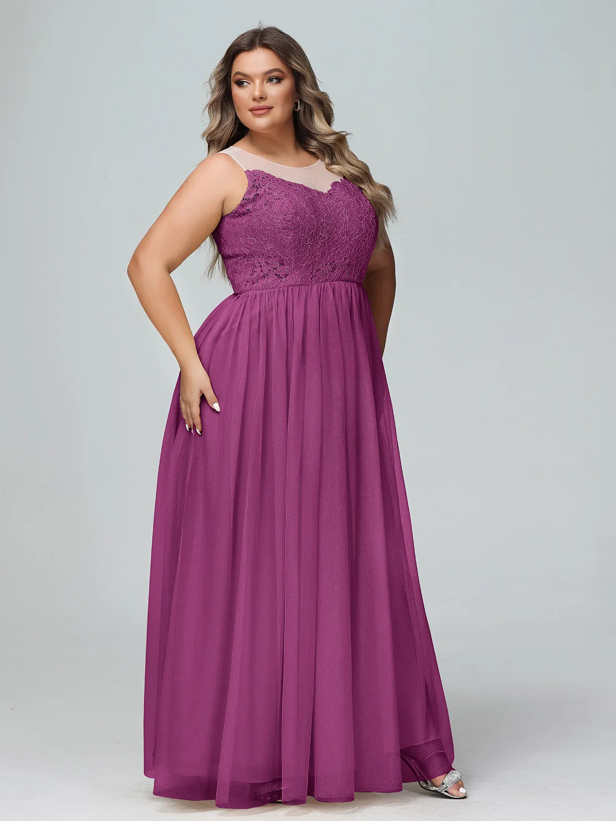 Illusion Neckline Lace and Tulle Maxi Dress-Orchid Plus Size