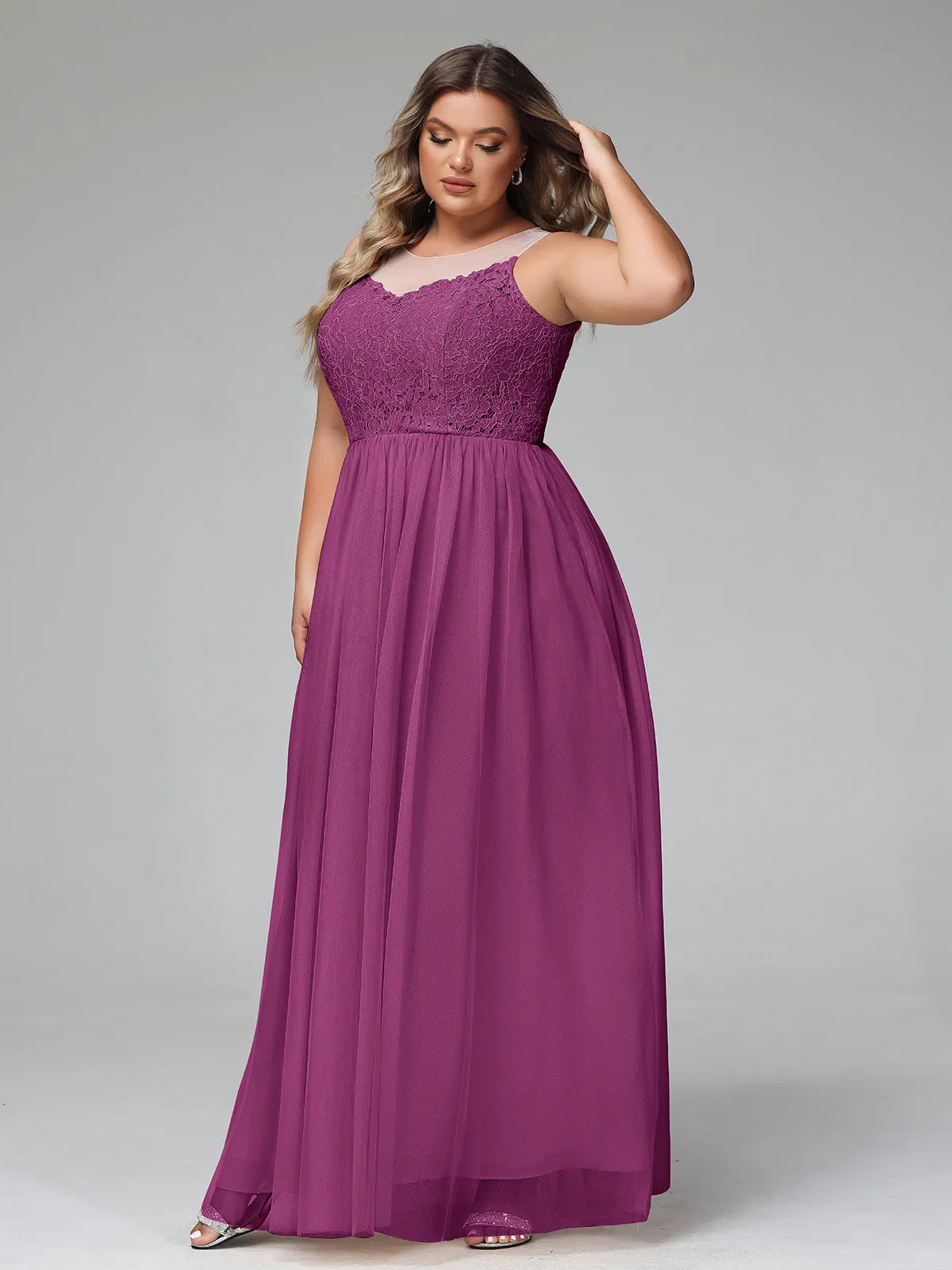 Illusion Neckline Lace and Tulle Maxi Dress-Orchid Plus Size