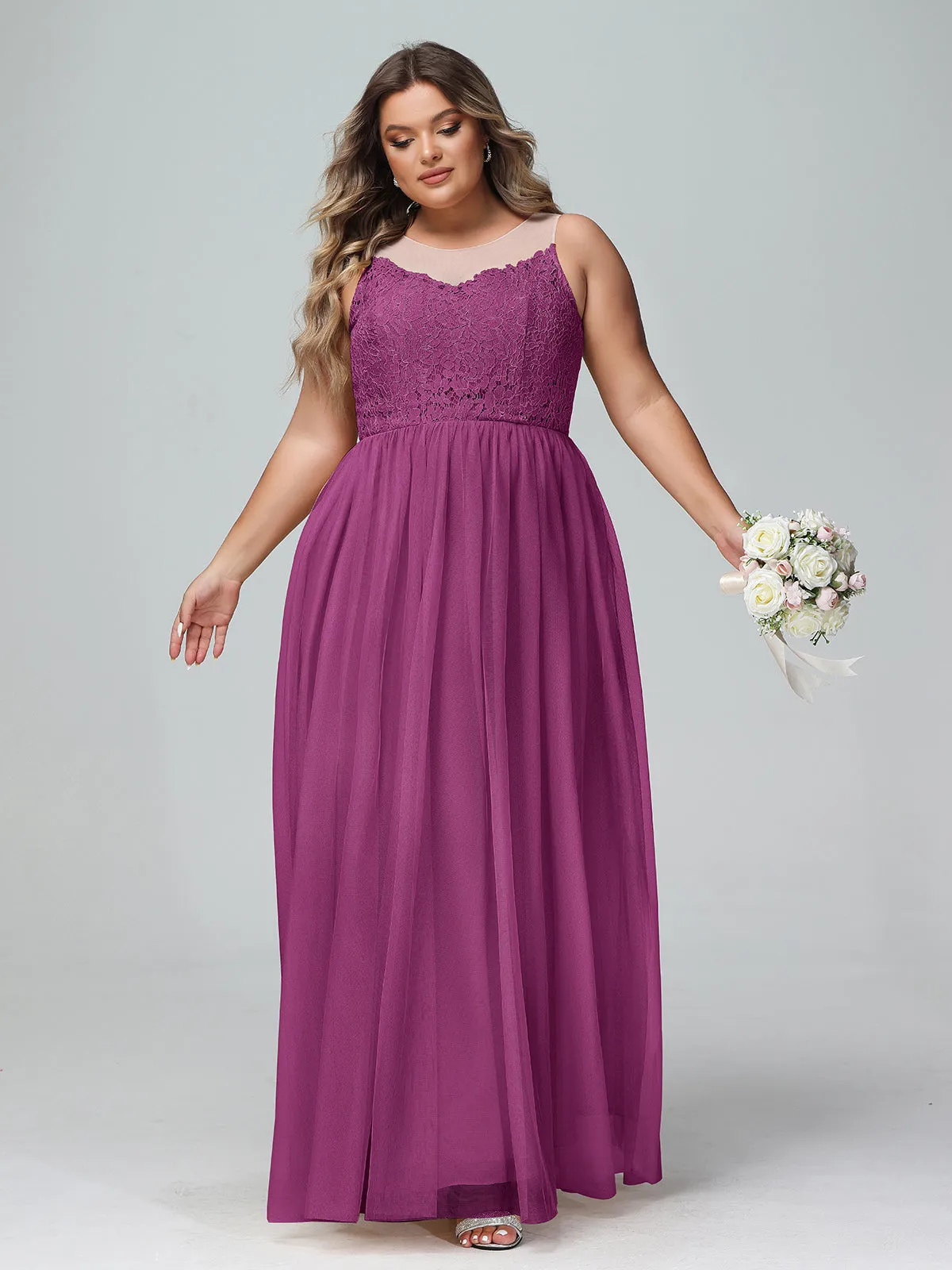 Illusion Neckline Lace and Tulle Maxi Dress-Orchid Plus Size