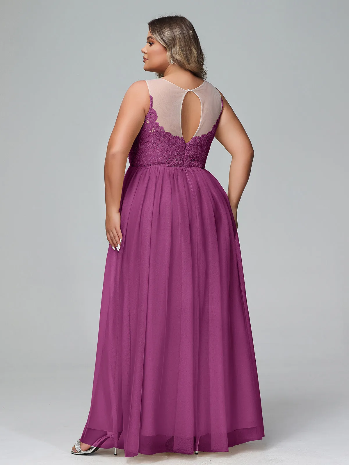 Illusion Neckline Lace and Tulle Maxi Dress-Orchid Plus Size