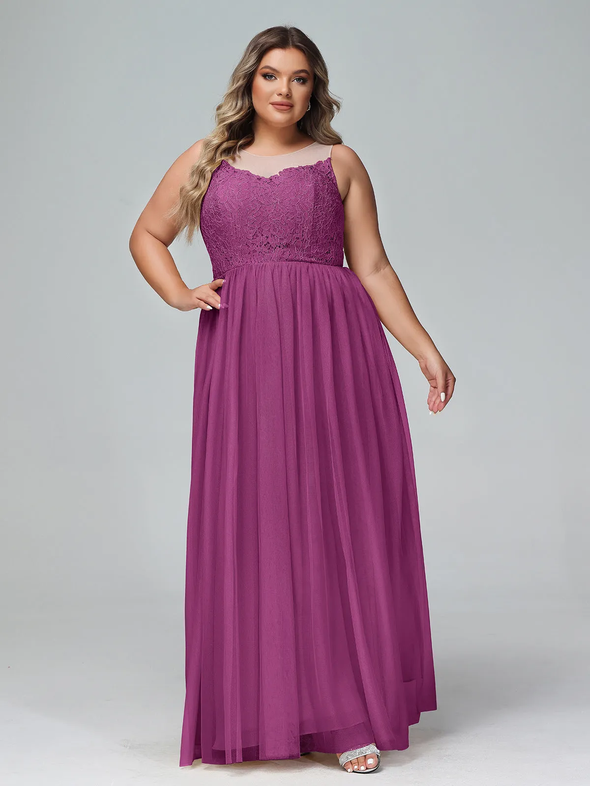 Illusion Neckline Lace and Tulle Maxi Dress-Orchid Plus Size