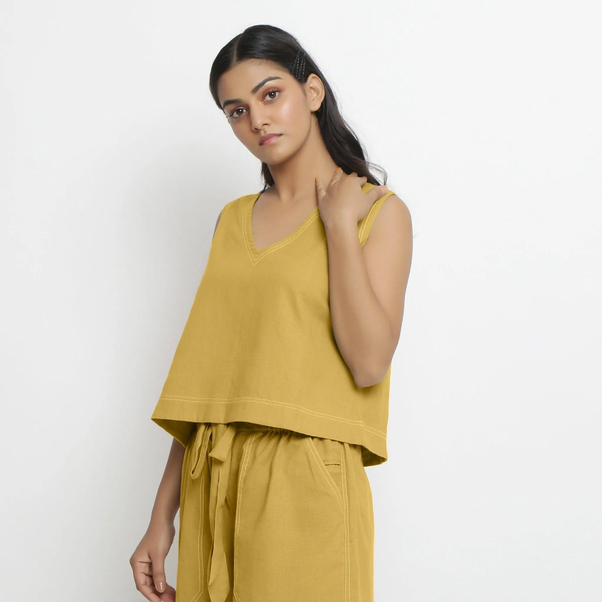 Light Yellow Handspun Cotton Sleeveless V-Neck Crop Top