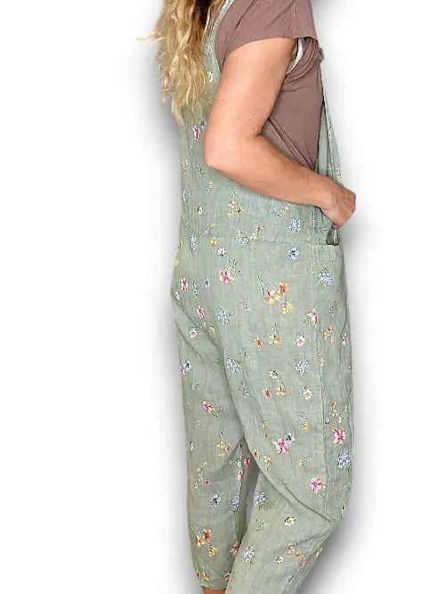 LINEN JUMPSUIT TIE IT YOUR WAY WINDY BLOOM SAGE