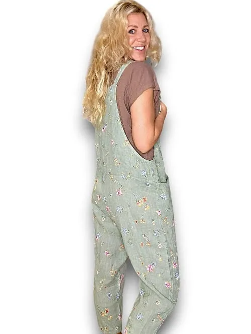 LINEN JUMPSUIT TIE IT YOUR WAY WINDY BLOOM SAGE
