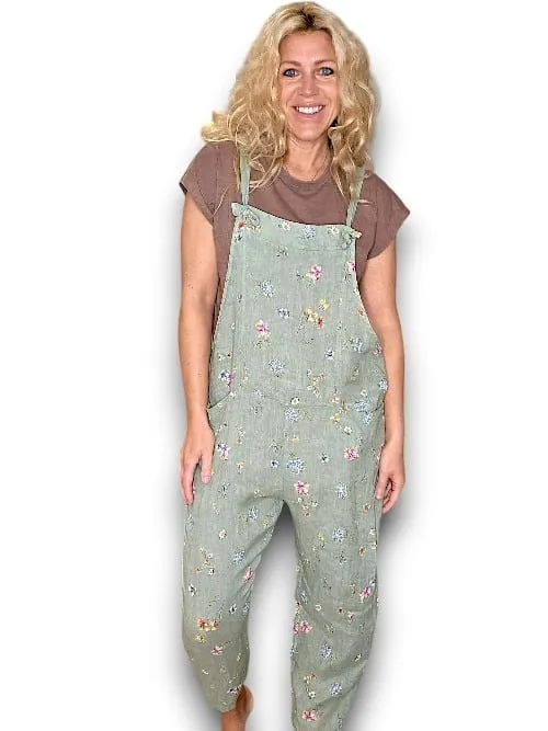 LINEN JUMPSUIT TIE IT YOUR WAY WINDY BLOOM SAGE