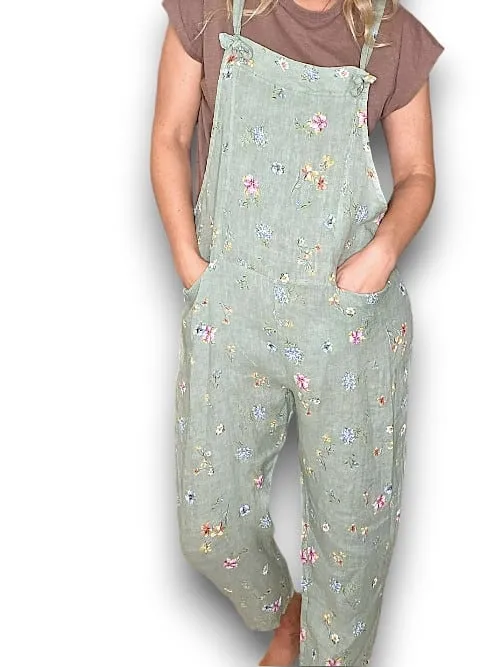 LINEN JUMPSUIT TIE IT YOUR WAY WINDY BLOOM SAGE