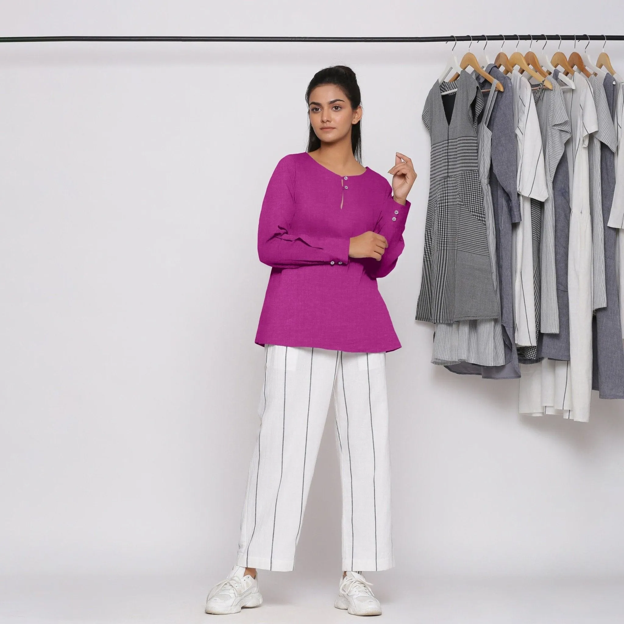Magenta 100% Linen Flared Tunic Top