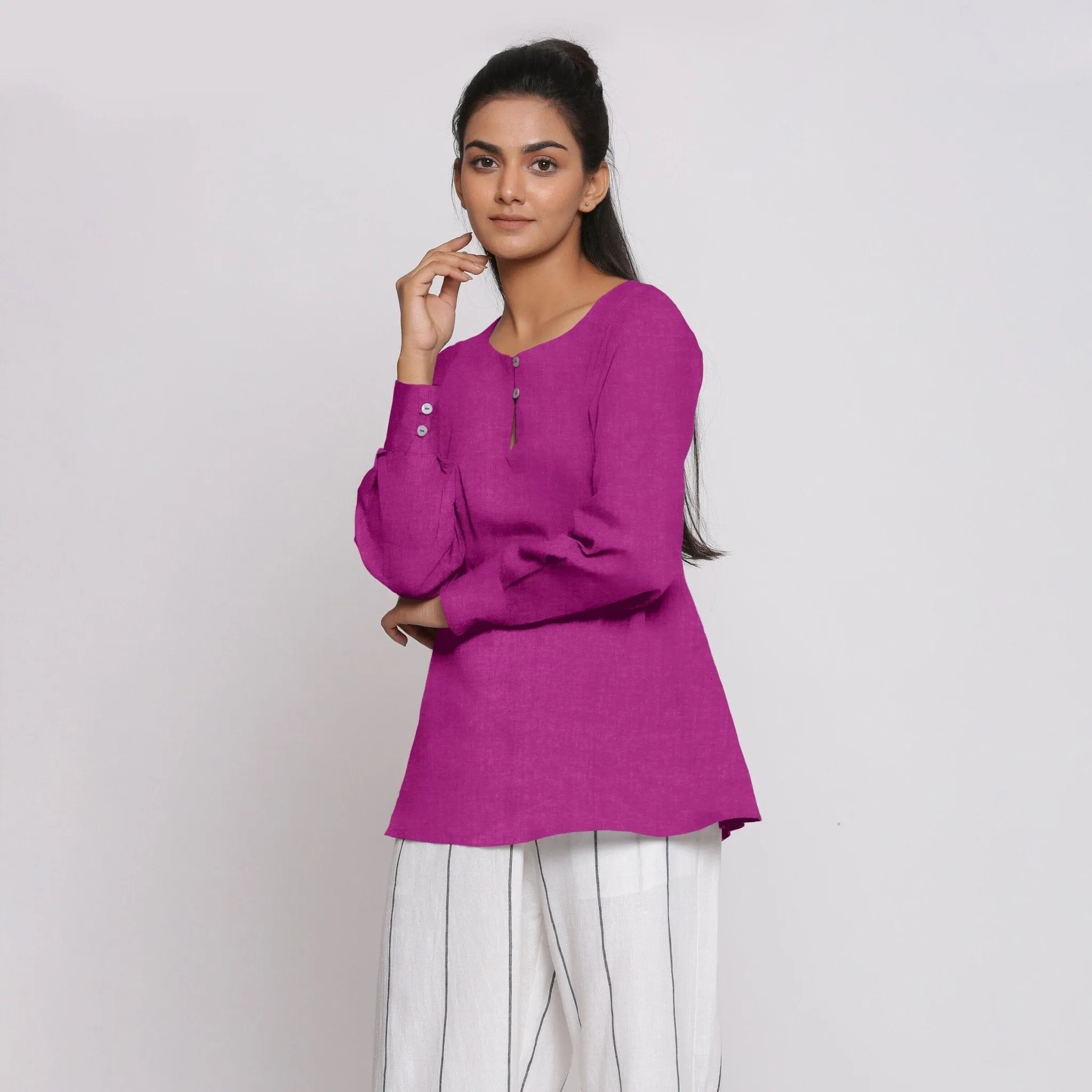 Magenta 100% Linen Flared Tunic Top