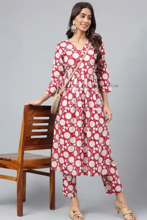 Maroon Cotton Floral Kurta Set