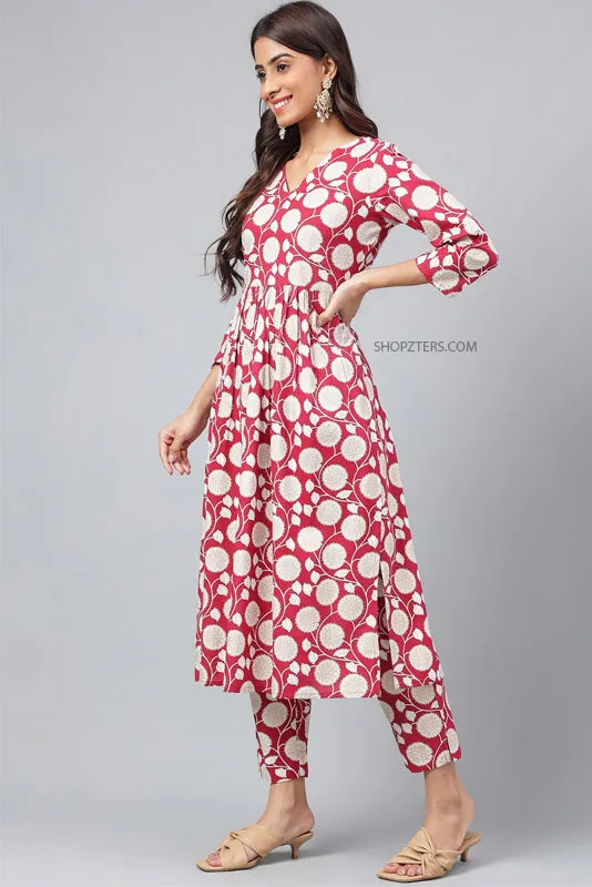 Maroon Cotton Floral Kurta Set
