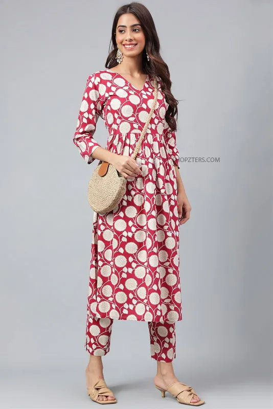 Maroon Cotton Floral Kurta Set