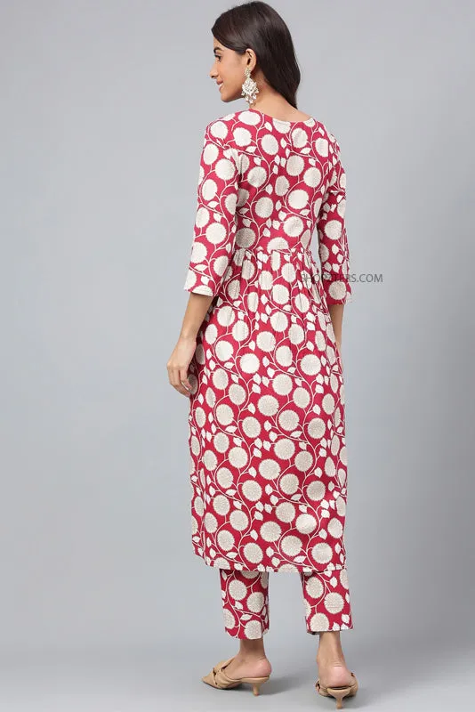 Maroon Cotton Floral Kurta Set