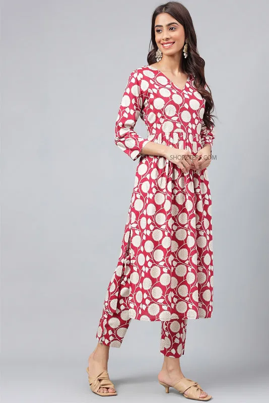 Maroon Cotton Floral Kurta Set