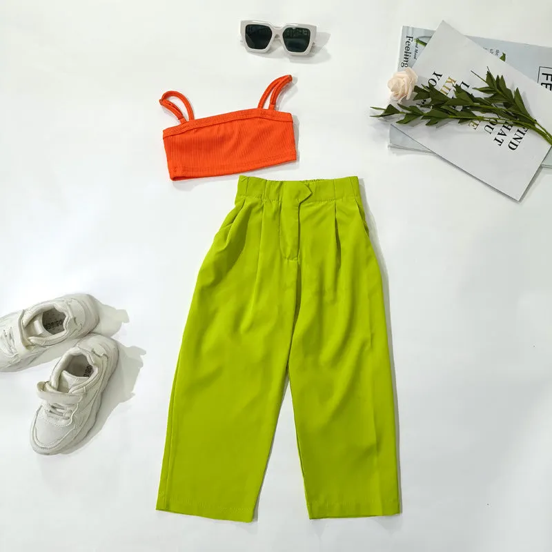 Mqtime Summer Children's Girl Streetwear Clothing 2pcs/set Sleeveless Crop Tops Chic Long Loose Trousers Baby Kids Girl Clothes Suits
