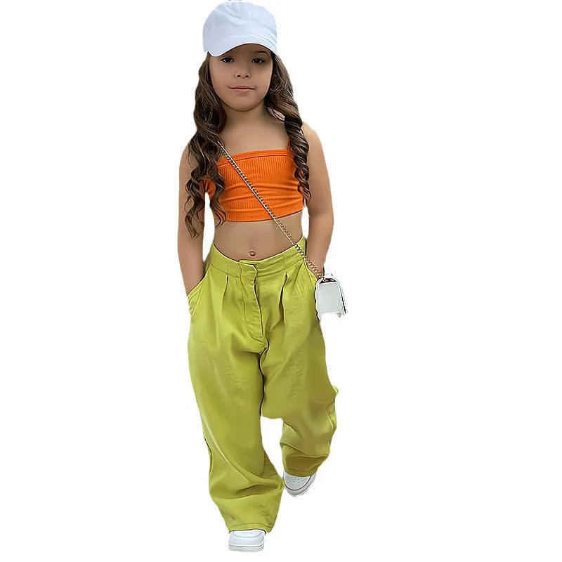 Mqtime Summer Children's Girl Streetwear Clothing 2pcs/set Sleeveless Crop Tops Chic Long Loose Trousers Baby Kids Girl Clothes Suits