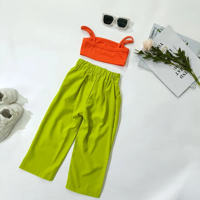 Mqtime Summer Children's Girl Streetwear Clothing 2pcs/set Sleeveless Crop Tops Chic Long Loose Trousers Baby Kids Girl Clothes Suits