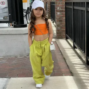 Mqtime Summer Children's Girl Streetwear Clothing 2pcs/set Sleeveless Crop Tops Chic Long Loose Trousers Baby Kids Girl Clothes Suits