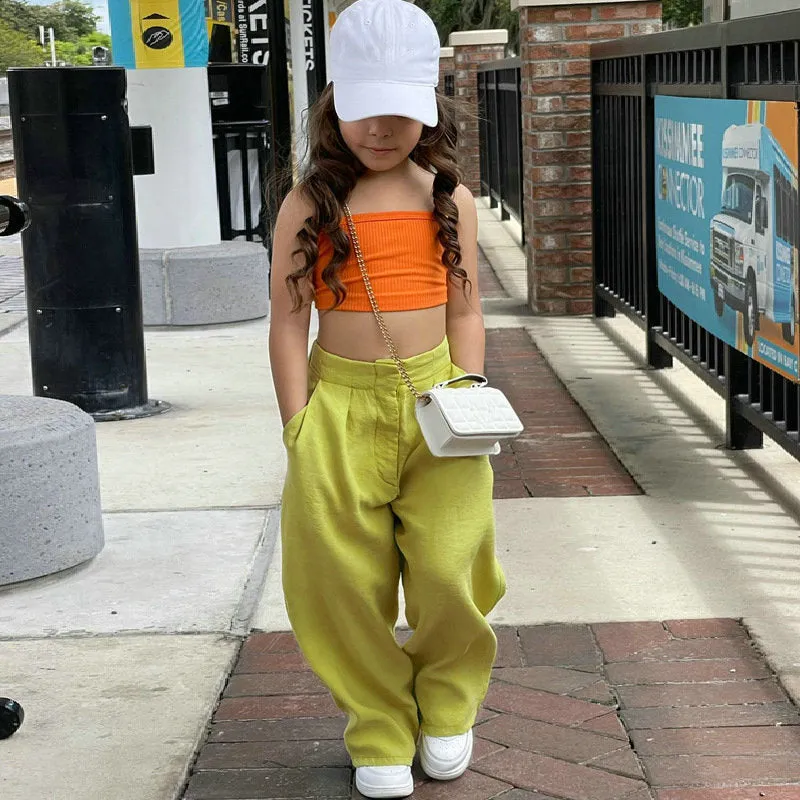 Mqtime Summer Children's Girl Streetwear Clothing 2pcs/set Sleeveless Crop Tops Chic Long Loose Trousers Baby Kids Girl Clothes Suits