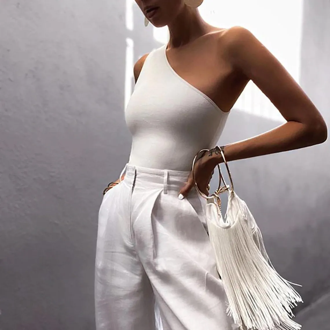 One Shoulder Solid Elastic Sporty Chic Tank Tops
