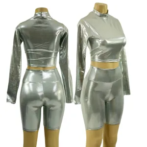 Platinum Metallic Bike Shorts and Long Sleeve Crop Top with Stella Collar