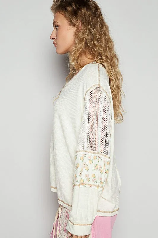 POL Ivory  Floral Crochet Patch V-Neck Top