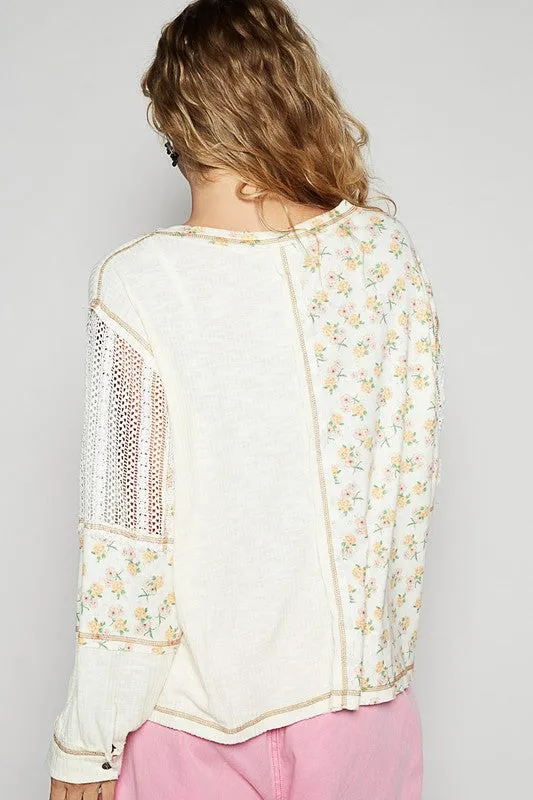 POL Ivory  Floral Crochet Patch V-Neck Top