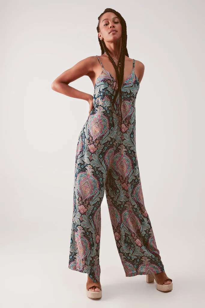 Q2 - Original Wide Leg Jumpsuit in Navy Paisley Print