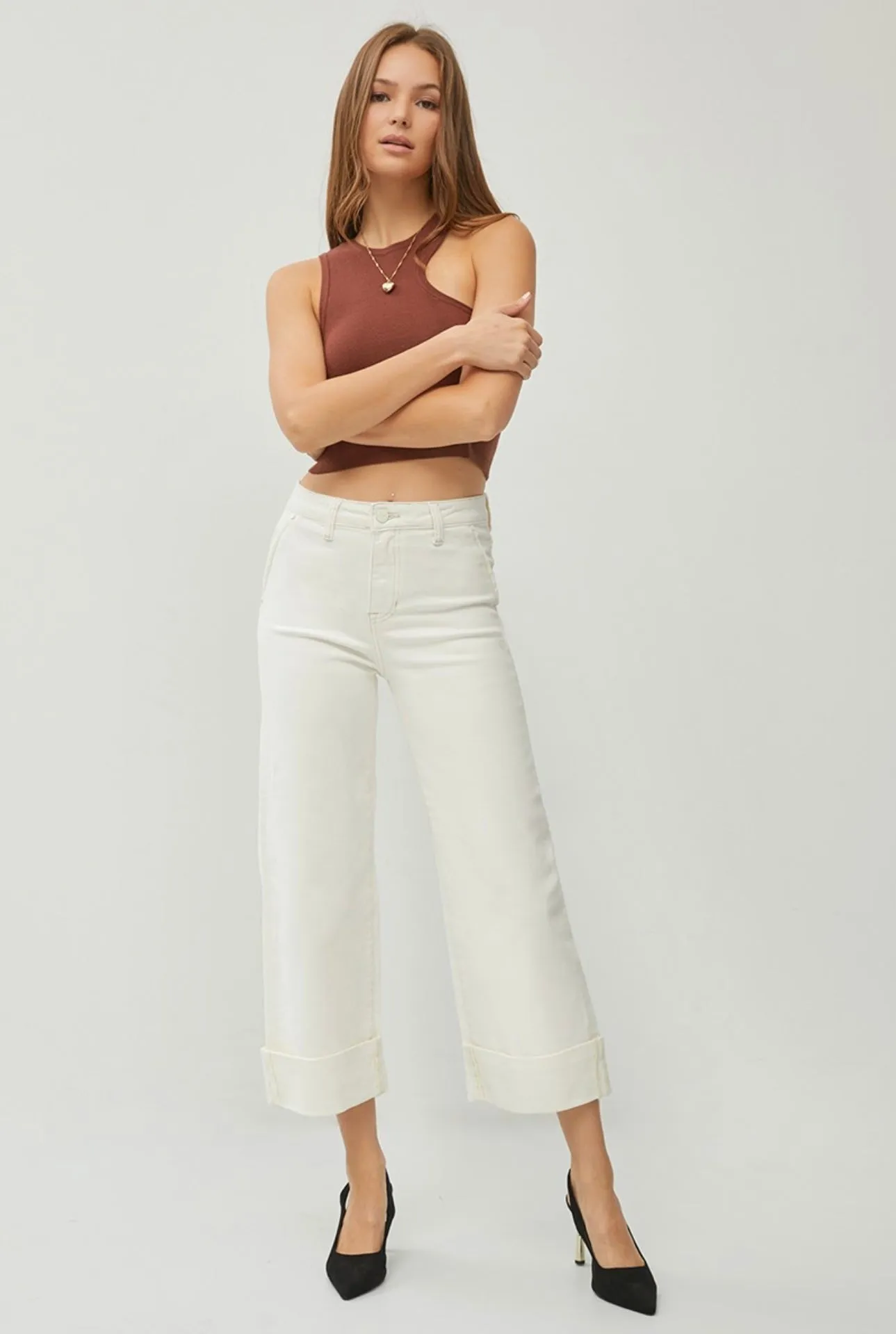 Risen Cream Hi Rise Cropped Wide Leg W Cuff