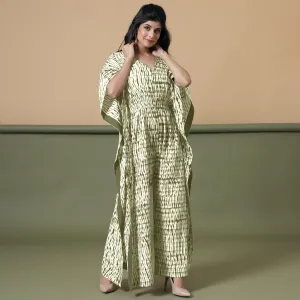 Sage Green Tie-Dye Kimono Sleeves Cotton Kaftan Jumpsuit