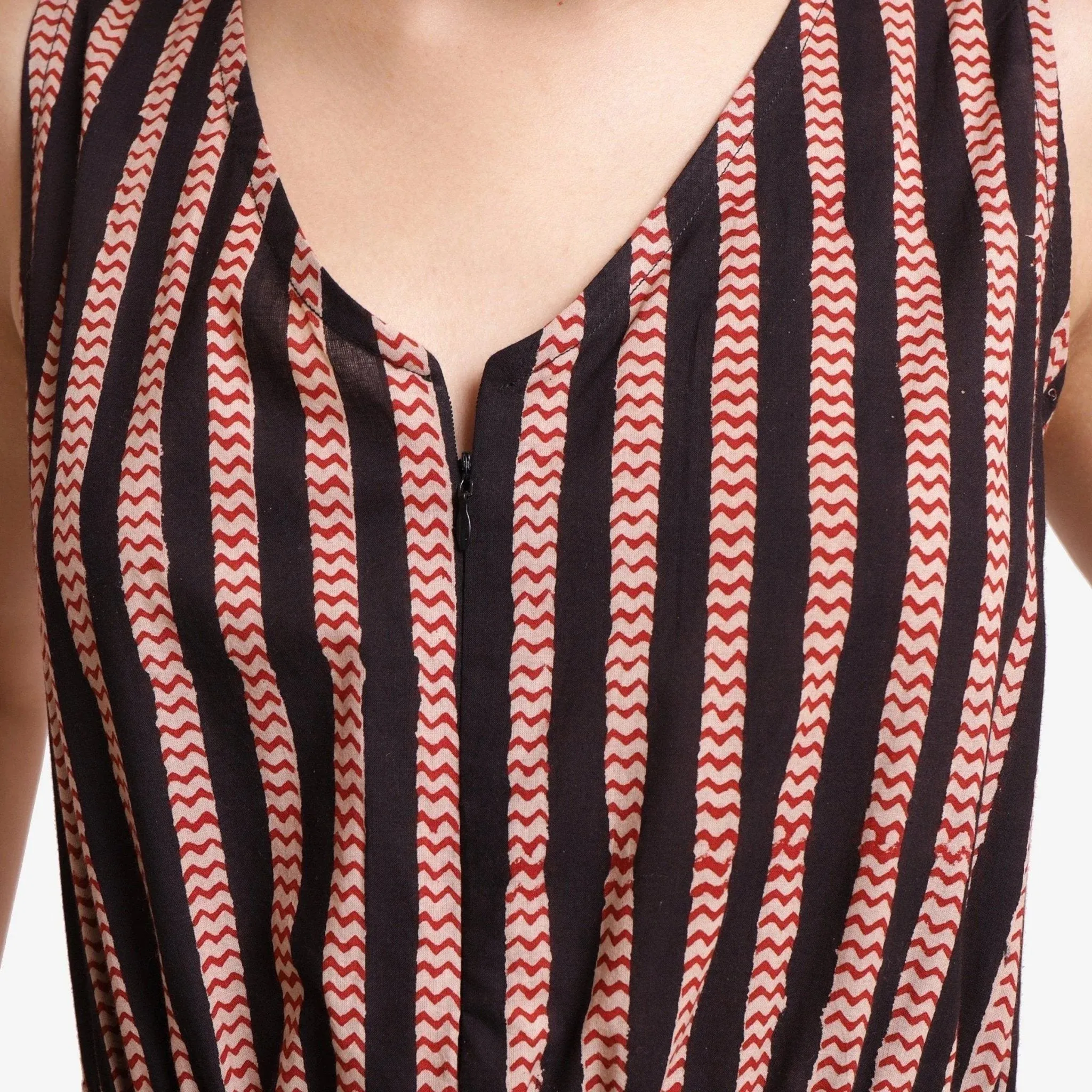 Striped Block Print Cotton Sleeveless Short Romper