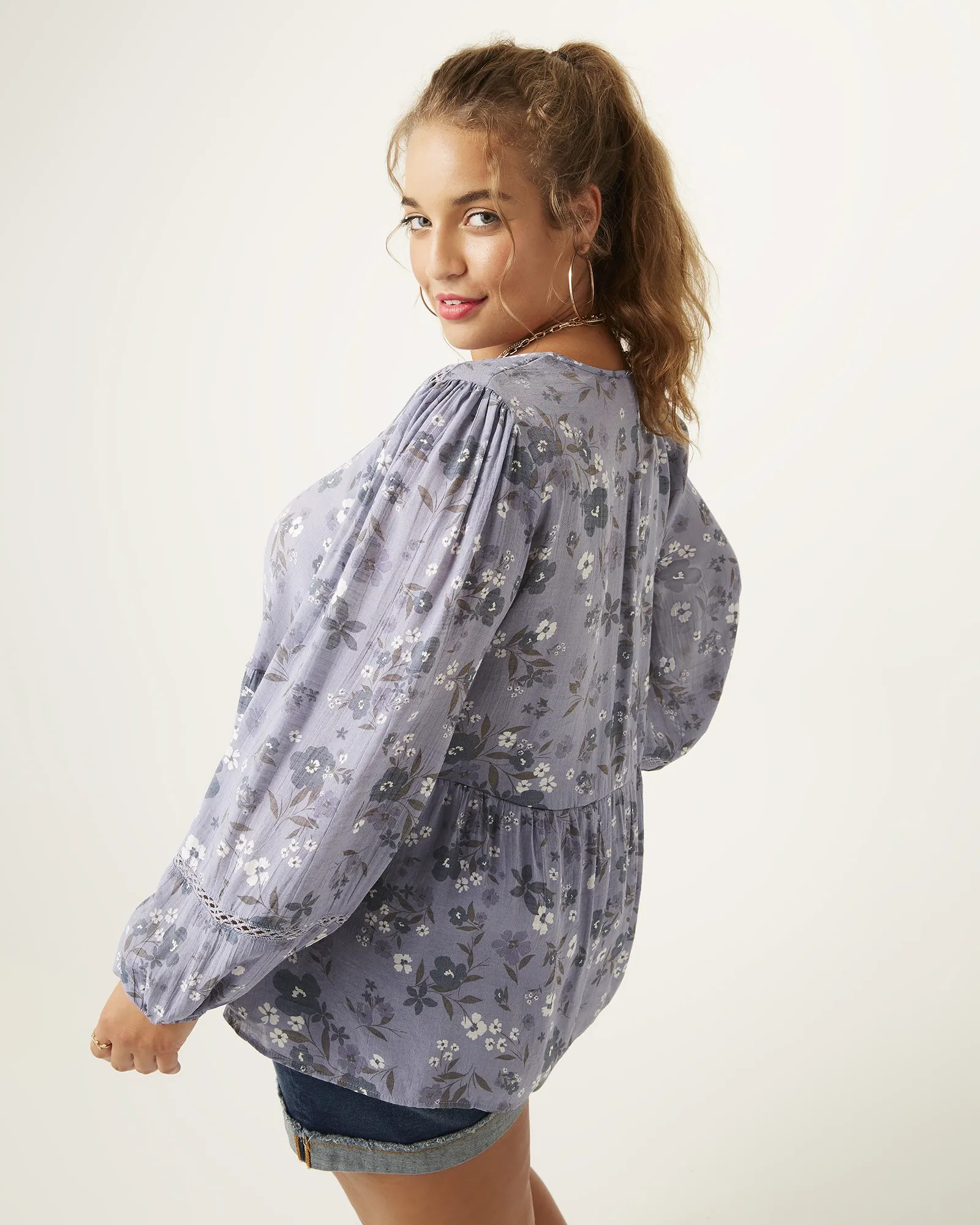 Tiffany Printed Peplum Peasant Top | Light Blue