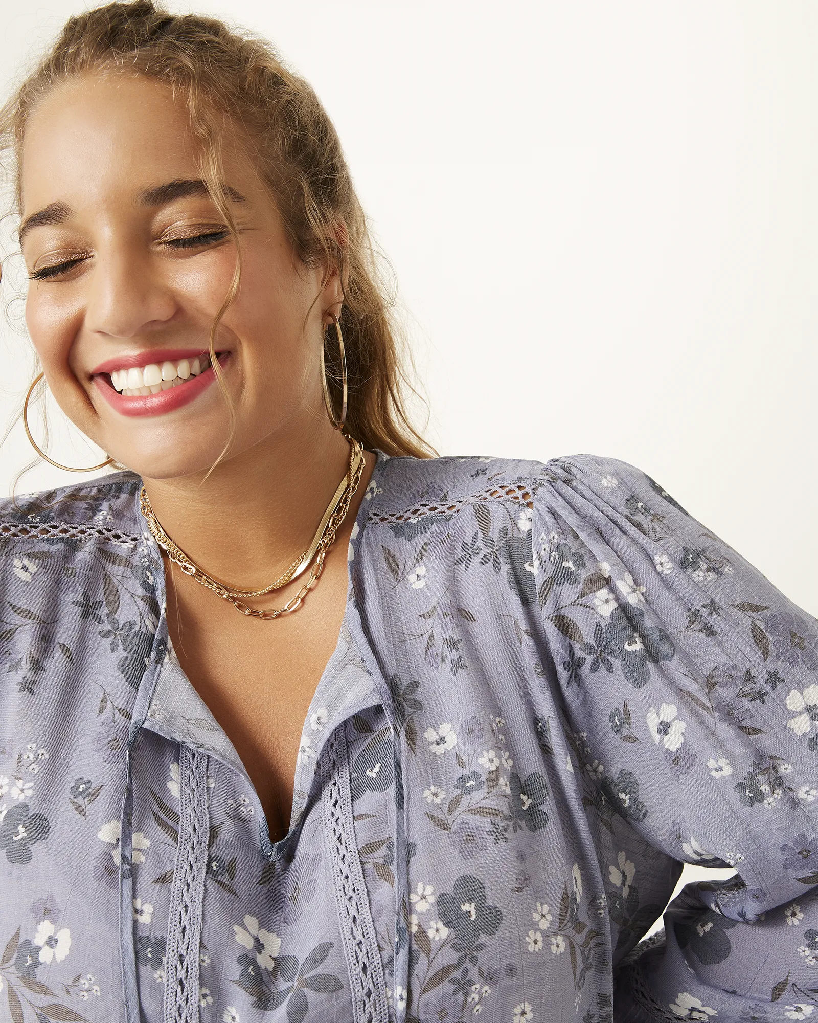 Tiffany Printed Peplum Peasant Top | Light Blue