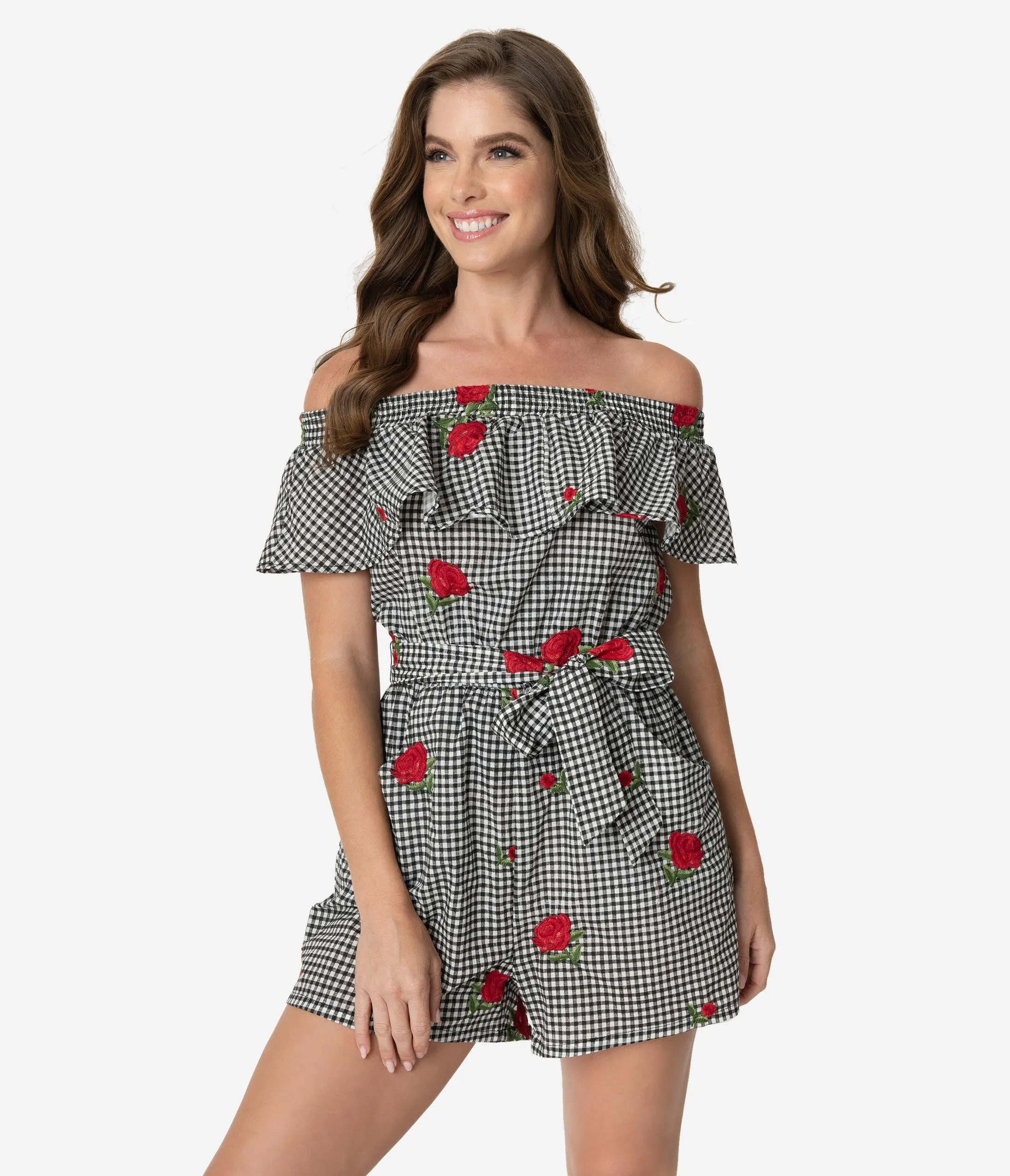 Unique Vintage Black Gingham & Roses Off Shoulder Allie Romper