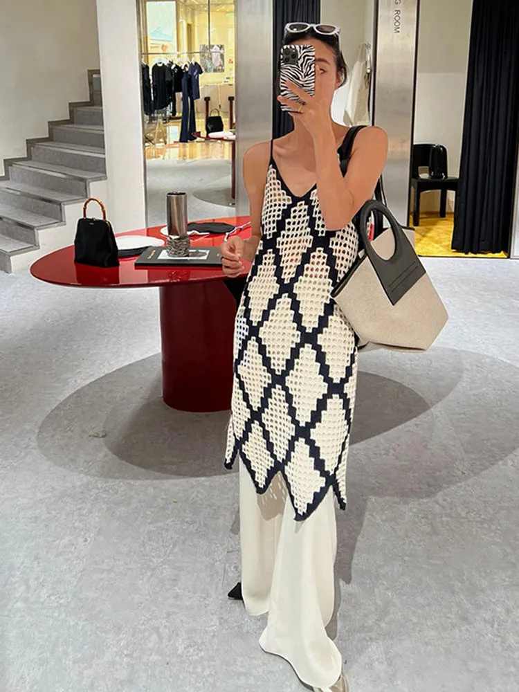 V-Neck Woven Hollow Diamond Lattice Sling Dress