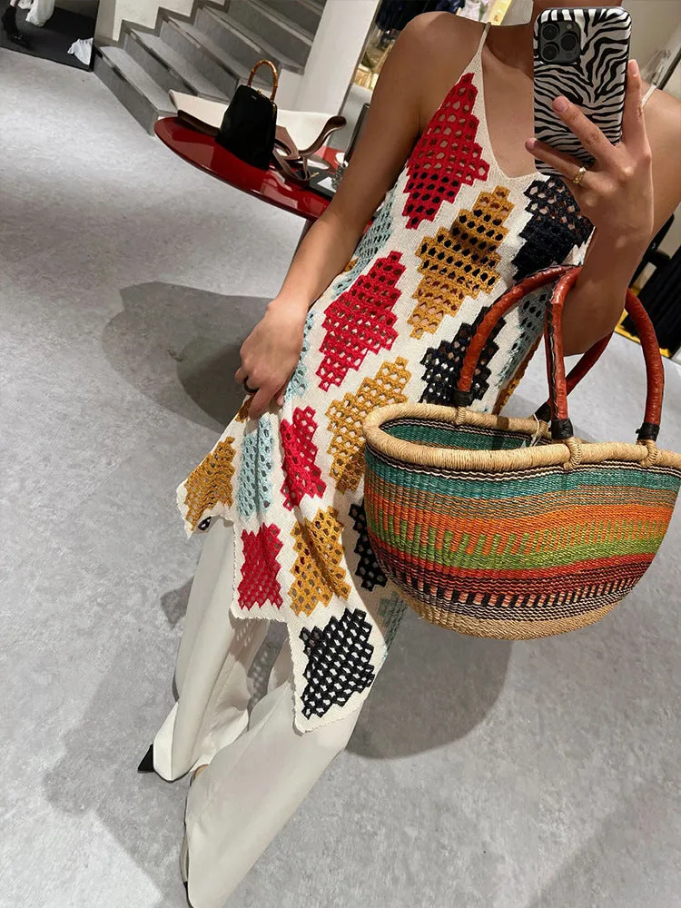 V-Neck Woven Hollow Diamond Lattice Sling Dress