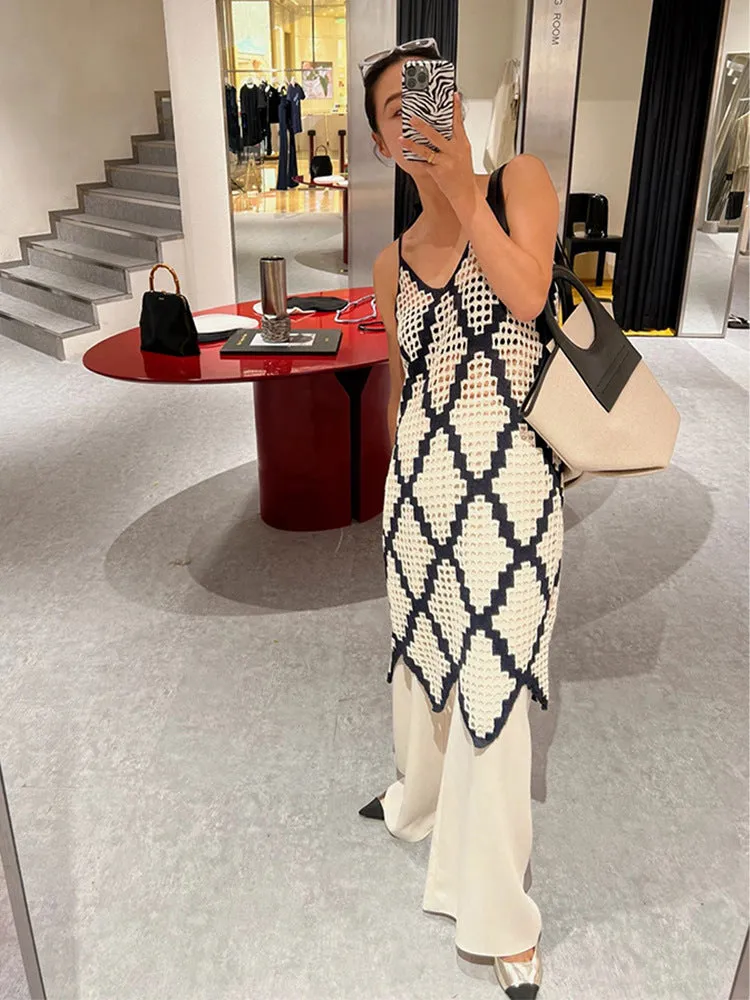 V-Neck Woven Hollow Diamond Lattice Sling Dress
