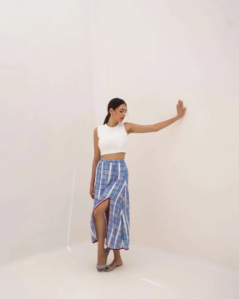 White And Blue Check Printed Skirt Set for Women