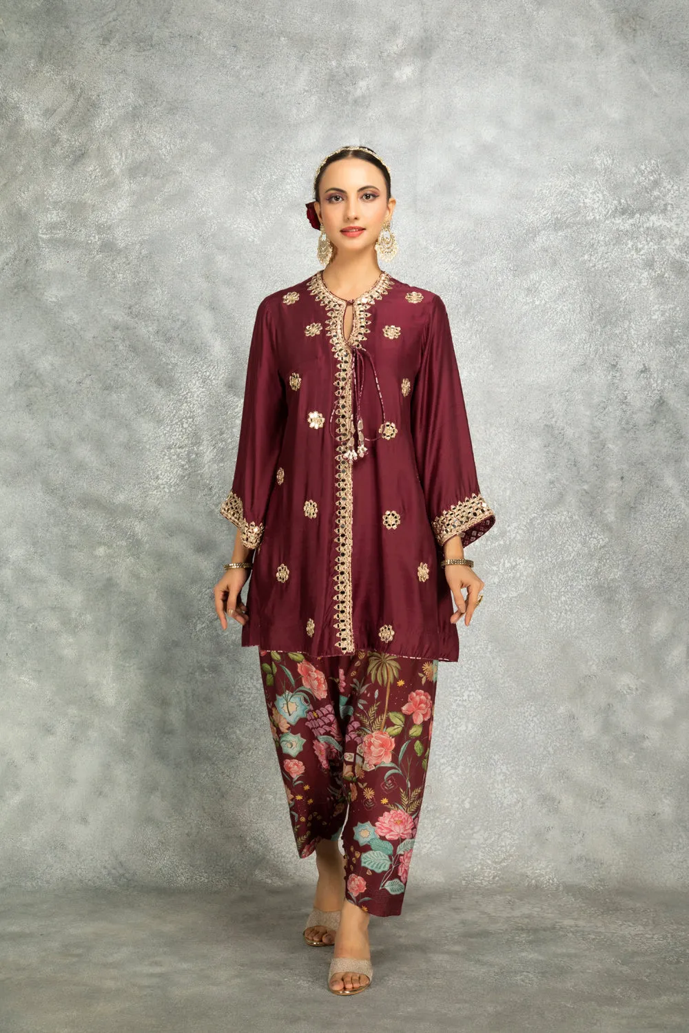 Wine Mirror Embroidered Angrakha With Printed Pants & Dupatta Set Of 3