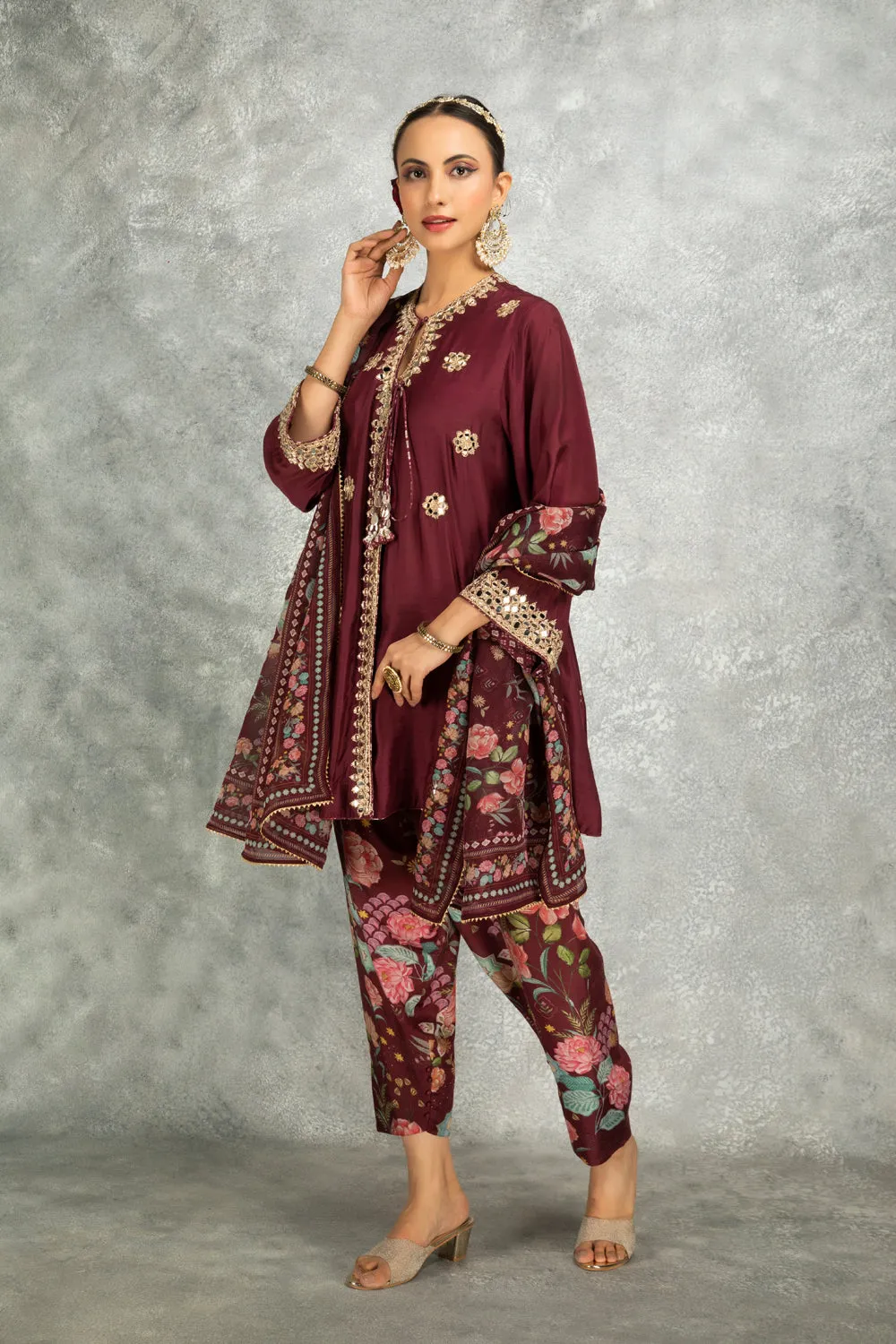 Wine Mirror Embroidered Angrakha With Printed Pants & Dupatta Set Of 3