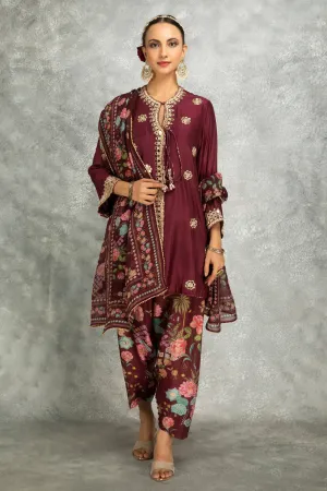 Wine Mirror Embroidered Angrakha With Printed Pants & Dupatta Set Of 3