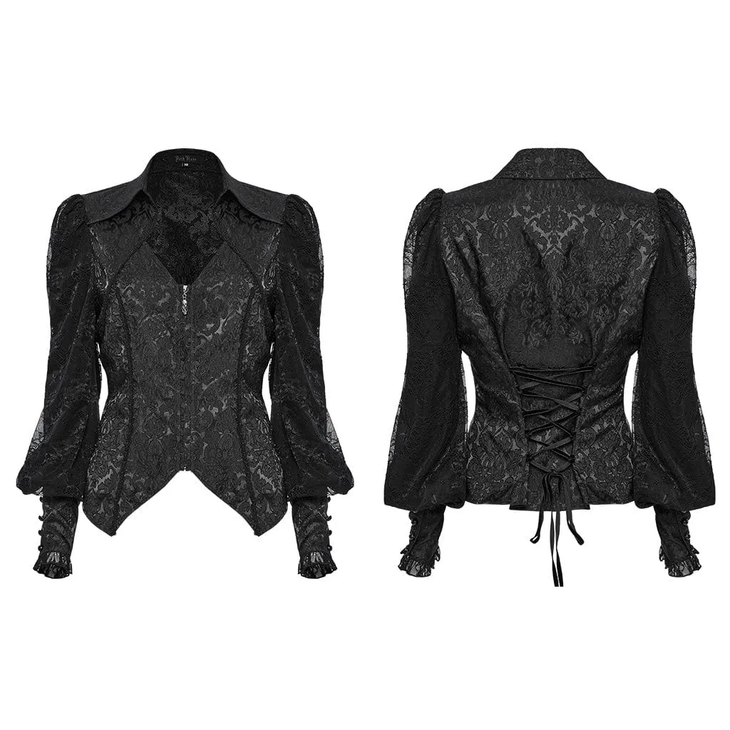 Women's Gothic Plunging Puff Sleeved Lace-up Shirt